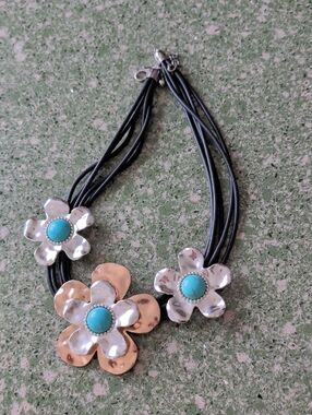 Turquoise Center Floral Necklace with Black Multi-Strand Cord